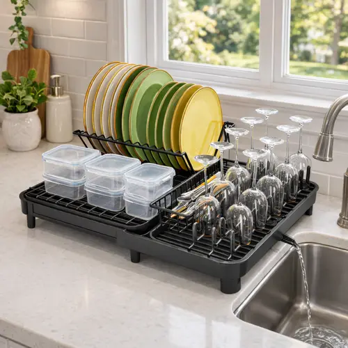 Expandable Adjustable Corrosion-Resistant Carbon Steel Square Dish Drying Rack with Expandable Drainboard - Large-Capacity Kitchen Counter Organizer for Dishes, Plates, Bowls, Utensils, Containers