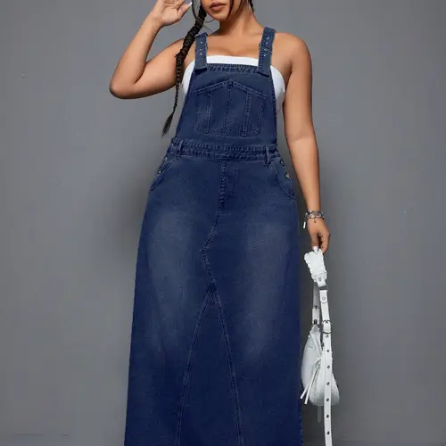Plus Size Backless Long Denim Dress, Loose-Fit Vintage Washed Denim Dress with Frayed Hem, Casual Summer Dress for Everyday Wear, Flattering Womenswear