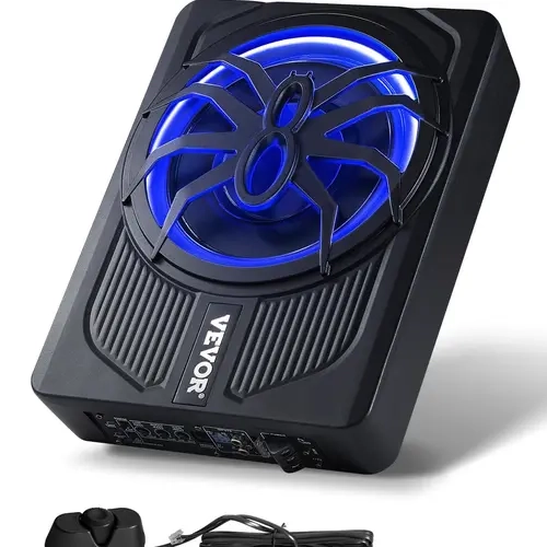 【BackToSchool】VEVOR 10in 440W Slim Fit Powered Underseat Car Subwoofer - Car Audio Accessory with Built-in Amplifier, Blue Ambient Light, Remote Controller, High Fidelity Immersive Sound, Overheat Protection, High-Level Inputs for SUV, Truck (Father's Day