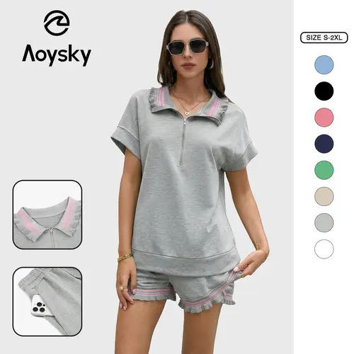 Aoysky Women's 2-Piece Casual Polyester Knitting Set - Fitted Round Neck Half-Zip Fringe Top, Cartoon Print Korean Chic Matching Shorts, Summer Women's Clothing Set