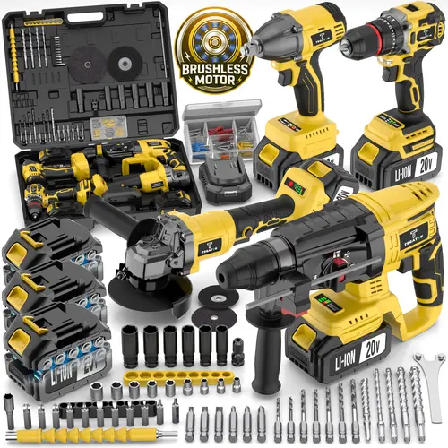 Heavy Duty 4-in-1 /2-in-1 Brushless Cordless Power Tool Kit Set - Wireless Drill Set, Electric Rotary Hammer, Angle Grinder, Impact Wrench Combo with 4.0Ah Batteries for Construction & DIY Users