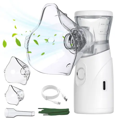 Handheld Mesh Nebulizer - Battery-Powered USB Rechargeable Respiratory Relief Device, High Efficiency Selfcare Daily Care Home/Travel Aid for Adults, Includes 2 Masks (Nasal & Oral Care)