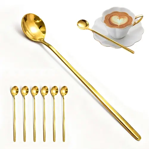 Elegant 6-Spoon Gold Classic Culinary Cutlery Set - Food-Grade Stainless Steel, Sturdy Long Handle, Mirror Polish, Rust-Proof, Dishwasher-Safe Tableware for Coffee Stirring, Safe Sips