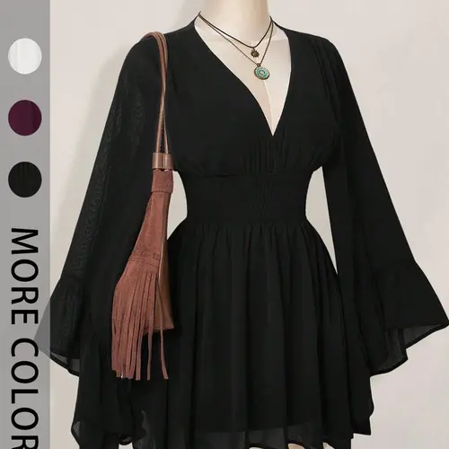 Women's Casual Cute Chic Long Sleeve Waist-Cinched V-Neck Short Dress, Daily Casual Dress, Stylish Fashion Feminine Dress, Elegant Summer Clothes, Perfect for Everyday Wear