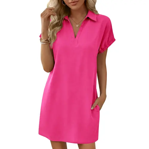 Imily Bela Womens Summer Shirt Dress Casual Short Sleeve Collared V Neck Loose Beach Cover Up Shirts with Pockets
