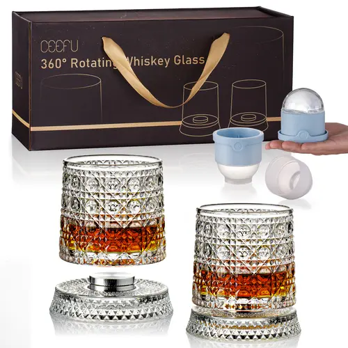Luxury Spinning Crystal Whiskey Glass Drinkware Father’s Day Gift Set – 2 Rotating Glasses & 2 Ice Ball Molds with Elegant Gift Box, Diamond,  Ice Crackle & Snowflake Cut Barware Gift Set, summerwins
