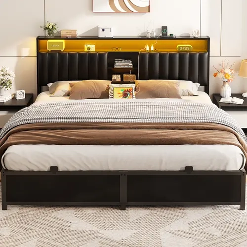 KING/QUEEN/FULL Size Bed Frame Upholstered Headboard with Charging Station & LED bed frame