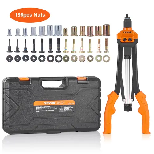 VEVOR Industrial Heavy Duty Rivet Nut Tool, 16-in Hand Riveter Kit with Rubber Grip, 13 Mandrel Sets, Auto Release, 186PCS Rivet Nuts (M3-M12, 1/4-20 to 10-24), High-Hardness Rod Resists Daily Wear, Long Handle Saves Effort, Great for DIY Repairs