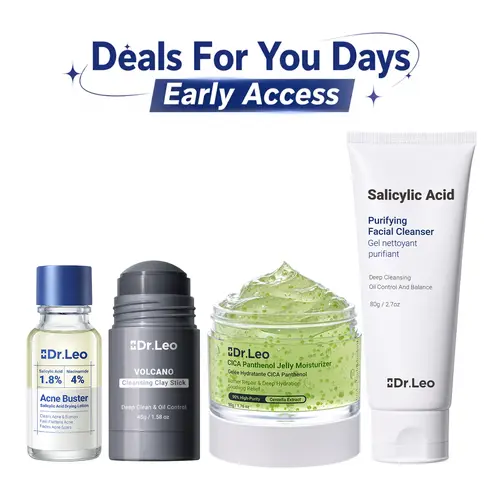 Dr.Leo 4-Step Acne Repair Kit - Salicylic Acid Cleanser, Charcoal Clay Stick Mask, CICA Panthenol Jelly Moisturizer Cream, Drying Lotion Spot Treatment for Deep Pore Cleansing, Pimple Care, Redness Calming & Skin Barrier Support #DealsForYouDays,beachoutf