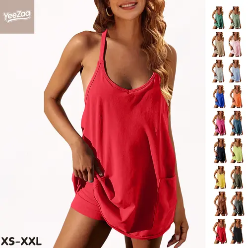 YeeZaa Women's Athletic Mini Dress 4th of July Holiday with Built-in Shorts 2026 Summer Tennis Workout Active Sports Mini Romper Dress V Neck Spaghetti Strap Sundress Travel Vacation Clothes Sleeveless summerwins