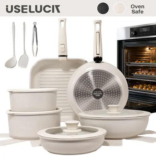 USELUCK 20-Pc Complete Cooking Pots and Pans Set - 6 Nonstick Pans with Detachable Handles, Non-Toxic PFOA-Free Stackable Space-Saving RV Kitchen Set, Oven-Safe, Induction-Ready for Modern Stovetops with Lids