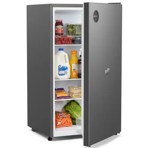 Upstreman 3.2 Cu.Ft Luxe Industrial Blush Pink Stainless Steel Mini Fridge - Energy Star 258kwh Certified, Adjustable Temp Control Thermostat, Reverse Door Fit, Hidden Handle Look, 3 Glass Shelves, Standard Plug for Dorm & Bedroom Users
