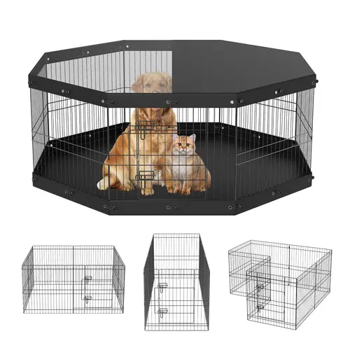 VEVOR Durable Puppy Playpen Enclosure, 8-Panel Foldable Metal Dog Exercise Pen with Mesh Top Cover (Shade & Sun Guard) & Bottom Pad, 24" H Octagon-to-Square Pet Fence Kennel, Indoor/Outdoor for Small/Medium Pets, Tool-Free Flat Fold