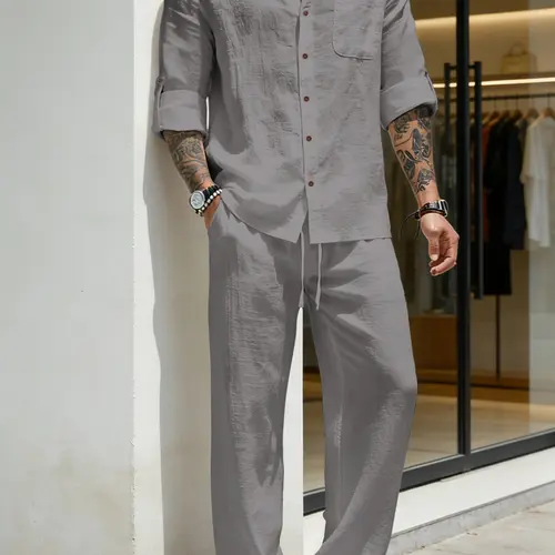 Men's Linen Stand Collar Long Sleeve Button Shirt & Straight Leg Belted Pants Set, Casual Business Leisure Style, Fashionable Men's Clothing