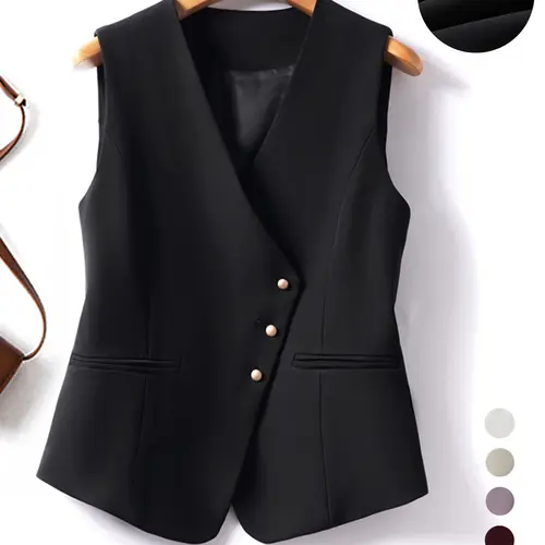 Minimalist Women's Basic Solid Color Fitted Asymmetric Button-Front Blazer Vest, Elegant Chic V-Neck Sleeveless Outerwear, Spring & Fall Work Office Business Vest