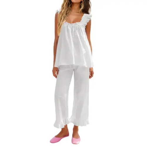 Women's KFUBUO 2-Piece Light Bridal Sleepwear & Casual Lounge Set - Sleeveless Ruffle Tank Top, Drawstring Long Pocket Pants, Everyday Breathable Lightweight Soft Nightwear, No-Iron, Ideal Gift