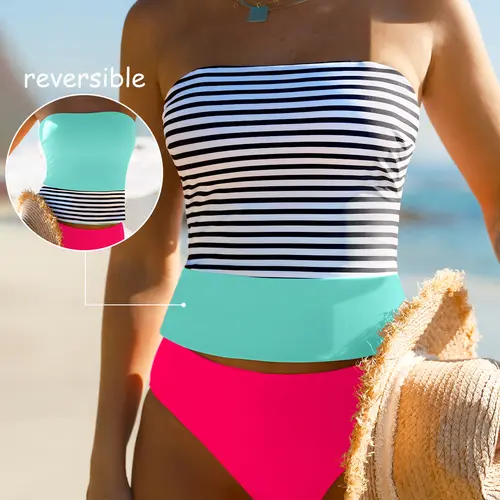POPVIL Women's 2-in-1 Reversible 2-Tone Striped Bikini Set - Adjustable Strap Padded Tube Top, Color Block Mid-Rise Nylon Swim Bottoms, Female Swimwear for Beach Party, Two-Tone Striped Bikini Sets