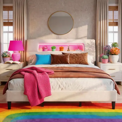 【Stock UP】Sturdy Construction King/Queen Size Bed Frame with 105° Ergonomic Storage Headboard, Upholstered Bed Frame with LED Lights & Charging Station, Unique Open-Design, NO Noise, Easy Assembly, No Box Spring Needed,Beige