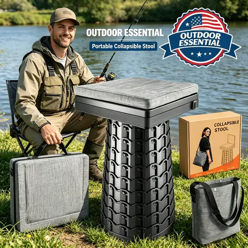 Heavy Duty Retractable Nylon Telescopic Stool with Backrest & Padded Cushion - Portable Collapsible Height-Adjust Space-Saving Premium Outdoor Chair, 400 lbs Capacity, for Camping, Fishing, Hands-Free Waiting, Home/Festive Party Supplies