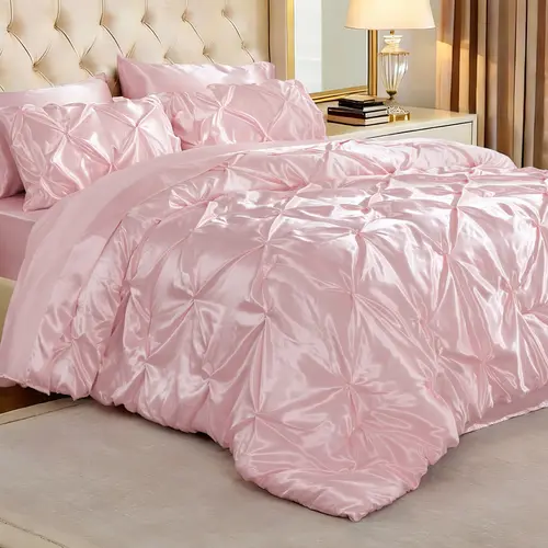 BEDELITE Luxury Satin Queen Size Bed Cover Set - 5/7-Piece Bedroom Bundle with 15" Deep Fit Fitted Sheet, Flat Sheet, Shams, Pillowcases - Silk-Like, All-Season Satin, Decorative Design Quilt Set Bedding (Mother's Day Gift)