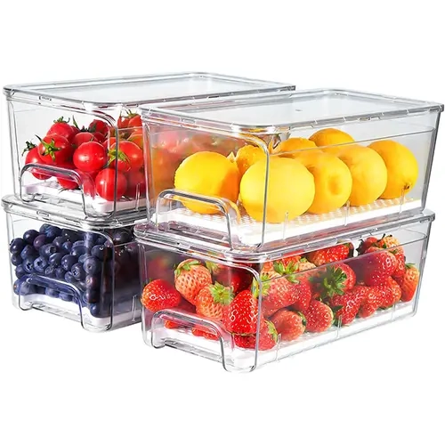 Antimbee 4-Pack Refrigerator Drawer Organizer Bins, Clear Stackable Pull Out Fridge Organizer and Storage Container, with Strainer Layer for Fruits, Vegetables, Drinks, Snack and Food