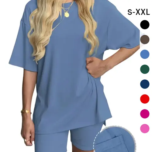 Women's Solid Color T-Shirt and Tight Shorts Set, Casual Summer Comfort Round Neck Sleepwear, Pocket Design, Outdoor Wear