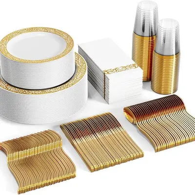 350pc Disposable Plates and Tableware Set Gold/Silver/Black/White/Rose  : Dinner Plates,Dessert Plates,Cups,Napkins,Knife,Forks,Fpoons-Perfect for Luxury Party Reusable | BPA Free Dinnerware Service Set Porcelain Dinnerware Set, Plastic, Disposable Set