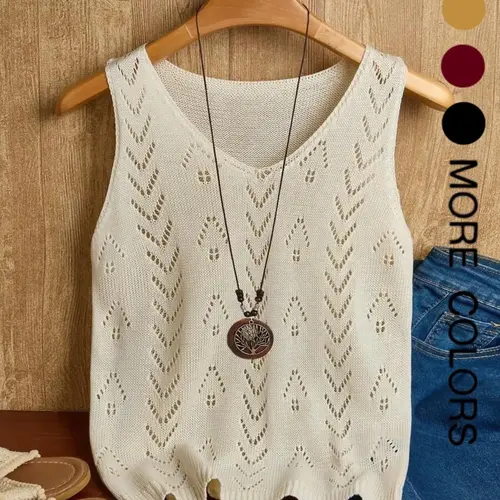 Women's V-Neck Sleeveless Knit Top, Hollow Out Breathable Vest, Loose Fit Casual Versatile Sweater, Elegant Design Tank Top, Minimalist