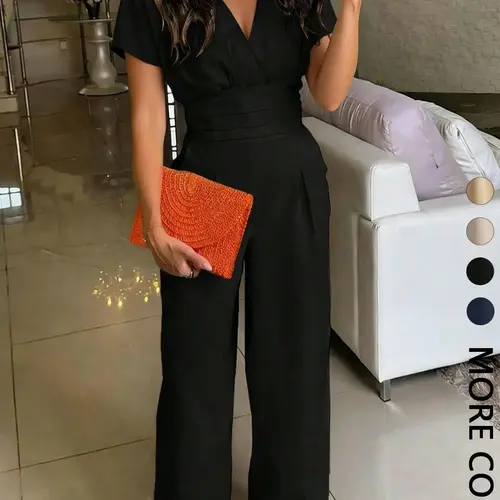 Women's Solid Color Short Sleeve Wide-Leg Overalls Jumpsuit Fit, Surplice V-Neck & Keyhole Back Design, Drapey Breathable Woven Fabric, Ideal for Office Work, Cocktail Party & Daily Wear, Chic Jumpsuit With Pockets