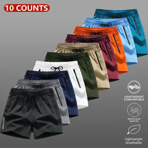 10-Pack Men's Quick Dry Tech Training Shorts | Multi-Color Zipper Pocket Gym Bottoms Lightweight quick-dry fabric with zipper pockets, elastic drawstring waist, and breathable stretch. Ideal for workouts, running, and daily summer wear.