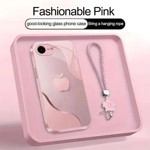 Luxury Faux Brushed Metal Texture Smartphone Casing with Flower Lanyard, Glossy Glass Feel 2D Printed Cover for iPhone 16e Handheld Cellphone Devices 952