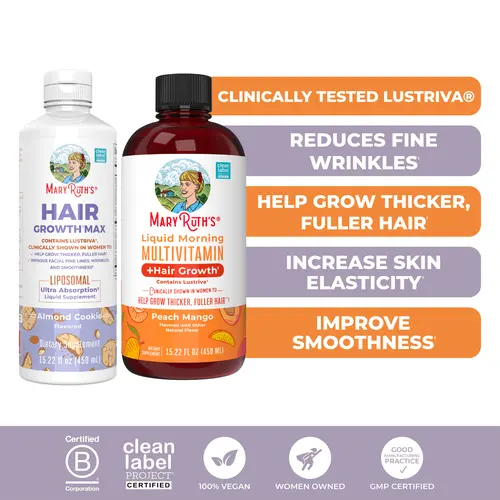 MaryRuth's Liquid Multivitamin + Hair & Hair Growth Max Liposomal Bundle - Liquid Morning Multivitamin + Hair Growth Peach Mango 15.22 oz - Hair Growth Max Liposomal