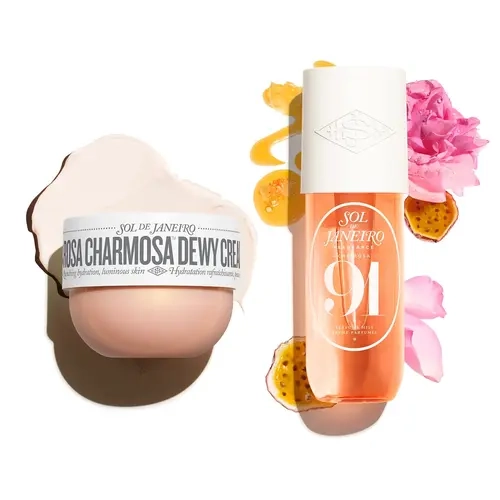 Sol de Janeiro Rosa Charmosa Duo Hydrating Body Care Kit - 240ml, 48-hr Moisture, Rio Rose & Passionfruit + Honey Scent, Smooth Dewy Luminous Skin, Butylene Glycol-Infused Aqua Liquid Cream, Women's Gift Set