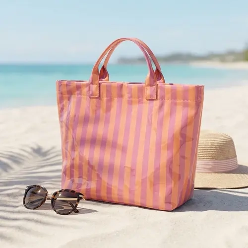 Striped Tote Bag Waterproof PVC Easy-Wipe Lightweight Handbag Large Capacity Shoulder Bag for Travel and Daily Use All Season Beach Tote 17.32"×12.2"×4.92"