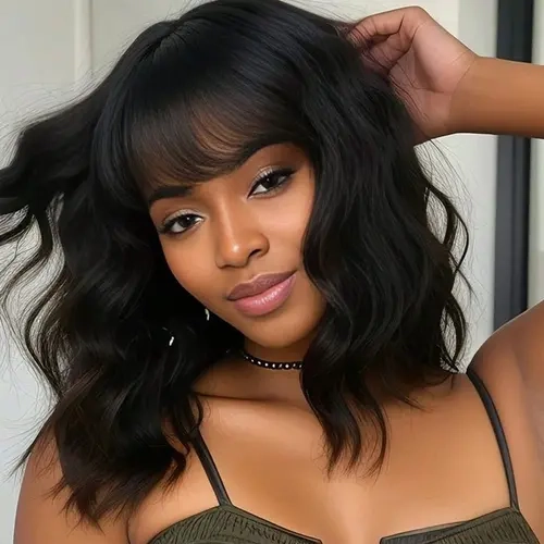 Women's Soft Bob Wig with Bangs - 180g Synthetic Material Short Shoulder-Length Wavy Curly Natural Black Full Machine Wig for Cosplay, Travel
