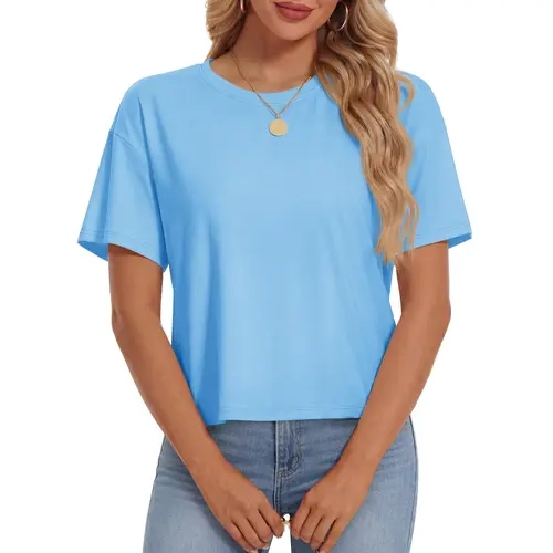 YUCOLEN Women's Solid Basic Loose H-Type Boxy Crop Tshirts - Short Sleeve 32% Polyester Cotton-Blend Fabric, UPF 50+ Sun Protection, Round Neck, Soft All Seasons Casual Top, Sporty Chic Outdoor Gym Staple