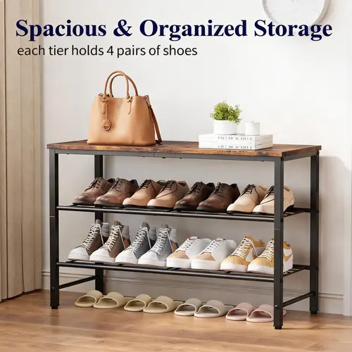 3-Tier Metal Shoe Rack Organizer, Sturdy Tiered Shelf with Display Function, Storage Shoe Holder for Entryway & Bedroom Closet Space Saver