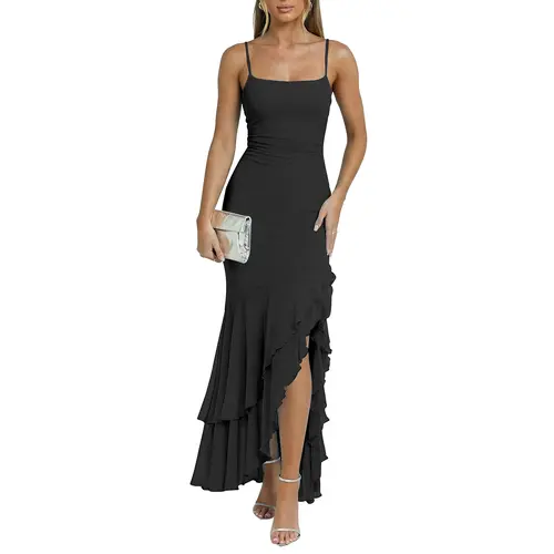 Kaximil Women's Polyester Formal Maxi Dress - Square Neck, Spaghetti Straps, Ruched Mesh, Mermaid Cut, High Slit Ruffle Hem, Leg-Lengthening, Standard US Sizes, Classy, Wedding Guest, Night Out Clothes for Women, Elegant Cover