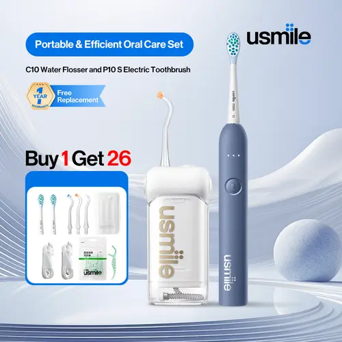 usmile Oral Care Teeth Cleaner Kit - C10 Cordless Water Flosser & P10S Battery Powered Toothbrush, Plastic Body, Multiple Modes, Powerful Cleansing, Gum Care Mode, At Home Dental Use, Fresh Breath, Batteries Included, Bright Smile, Charge Before Use