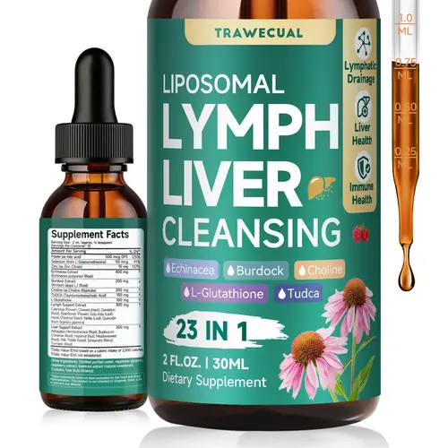 Trawecual Liposomal Lymphatic Support & Liver Cleanse Dietary Drops - 23-in-1 Healthy Botanical Detox with Herbs, Minerals, Echinacea, NAC, TUDCA, L-Glutathione, Burdock, Raspberry Flavor, 2 fl oz, Immune & Antioxidant Support, Lymphatic Drainage