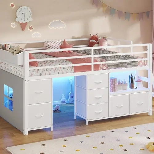 Sikaic Twin Low Loft Bedroom Furniture - Modern Metal Bed Frame with 7 Storage Drawers, Bookcase, LED Lights, Play Curtain, Guardrails, Under-Bed Play Space, 74.8" Secret Fort, Stable Structure & Anti-Tip Straps