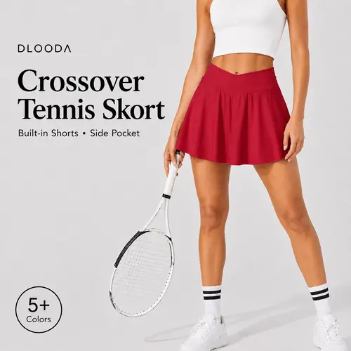 DLOODA Women's High-Waisted Crossover Solid Color Fitted Skort with Built-in Shorts, Side Pocket, Above the Knee Fashion Sports Skort for Tennis, Back to School Wear