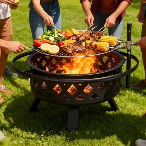 Aoxun 2-in-1 BBQ Fire Pit & Grill Set, Outdoor Charcoal Fire Bowl, Metal Stove with Wind-Resistant Stable Design, Portable Patio Unit for Gardens, Camping