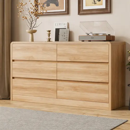 55" Wide Durable Natural Wood Bedroom Dresser with 6 Drawers for Bedroom - Curved Elegance, 49.2" Tall, Assembly Required, Small Space Furniture, Room Decor Cabinet, Hallway Storage