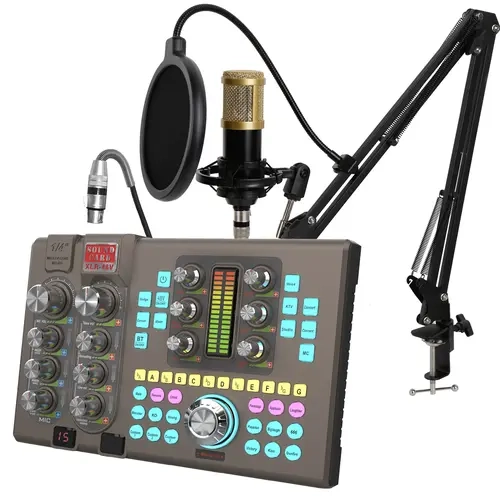 HOSABELY SK80 Bluetooth Digital Sound Card Set - 48V Power Supply Audio Interface, Live Sound Cards with 15-Level Noise Reduction, 3.5mm Music Port, Dual Mic Input, Voice Changer, Special Effects, Reverberation, Podcast Screen Filter for Streamers