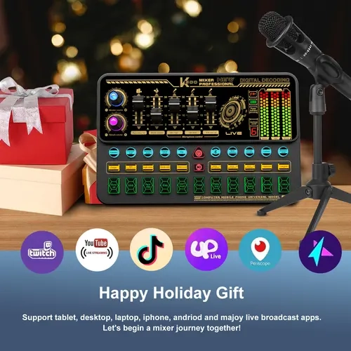 HOSABELY 600mAh Battery-Powered Live Sound Mixer & Audio Interface Karaoke System - Mobile/Smartphone Compatible Gaming Accessory with Volume Fader, Voice Changer, Sound Effects, Card Recording, Mini Mic, Card Storage, USB Streaming