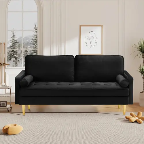 SZLIZCCC 65" Midcentury Modern Upholstered Loveseat Sofa, 2-Seater Velvet Tufted Comfy Couch with Bolster Pillows, Golden Metal Legs, Minimal Chic Low Profile Indoor Furniture for Small Living Room, Apartment (Black)