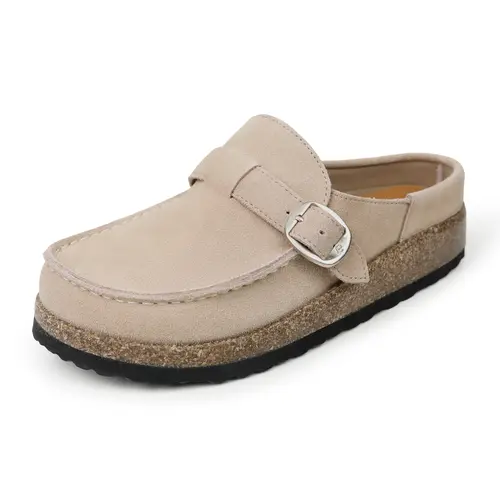 EVELLYHOOTD Women's Genuine Cowhide Leopard Print Cork Footbed Flat Mules - Minimalist Slip-On Clogs with Adjustable Strap Buckle, Lightweight Footwear for Customized Fit, Gifts for Women