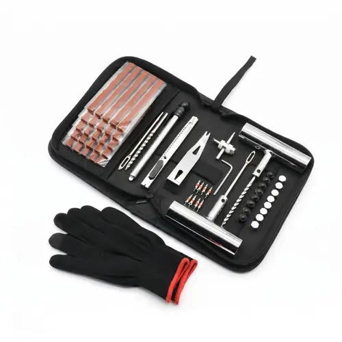 62 Pcs Value Heavy Duty Universal Tire Repair Tools Kit - 4in1 Valve Tool, Expansion Drill, Puncture Patch, Gloves, Durable Multi-Vehicle Emergency Flat Fix for Cars/Trucks