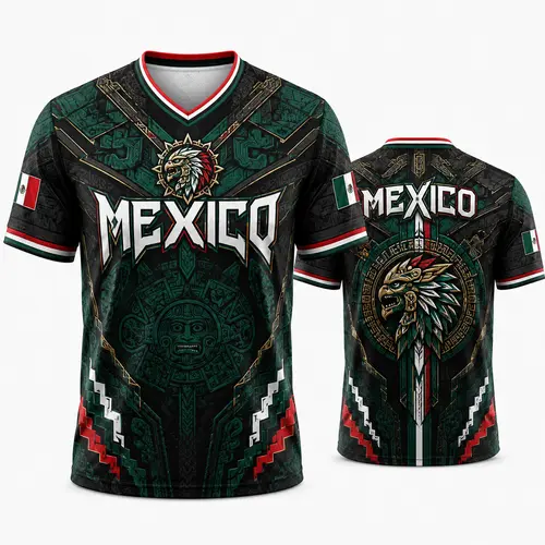 2026 New Mexico Eagle Warrior V-Neck Sports Jersey, Aztec Calendar Graphic Short Sleeve Shirt for Men, Green Black Soccer Fan Tee,summerwins